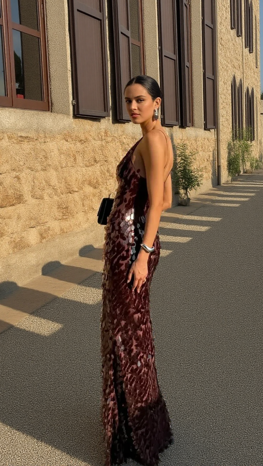 THE SEQUIN MAXI DRESS IN BROWN