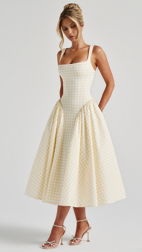 AIIZIE SHERRIE MIDI DRESS - LEMON GINGHAM - product image