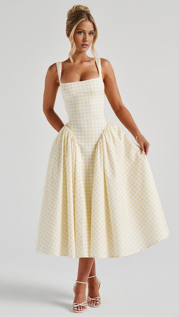 AIIZIE SHERRIE MIDI DRESS - LEMON GINGHAM - product image