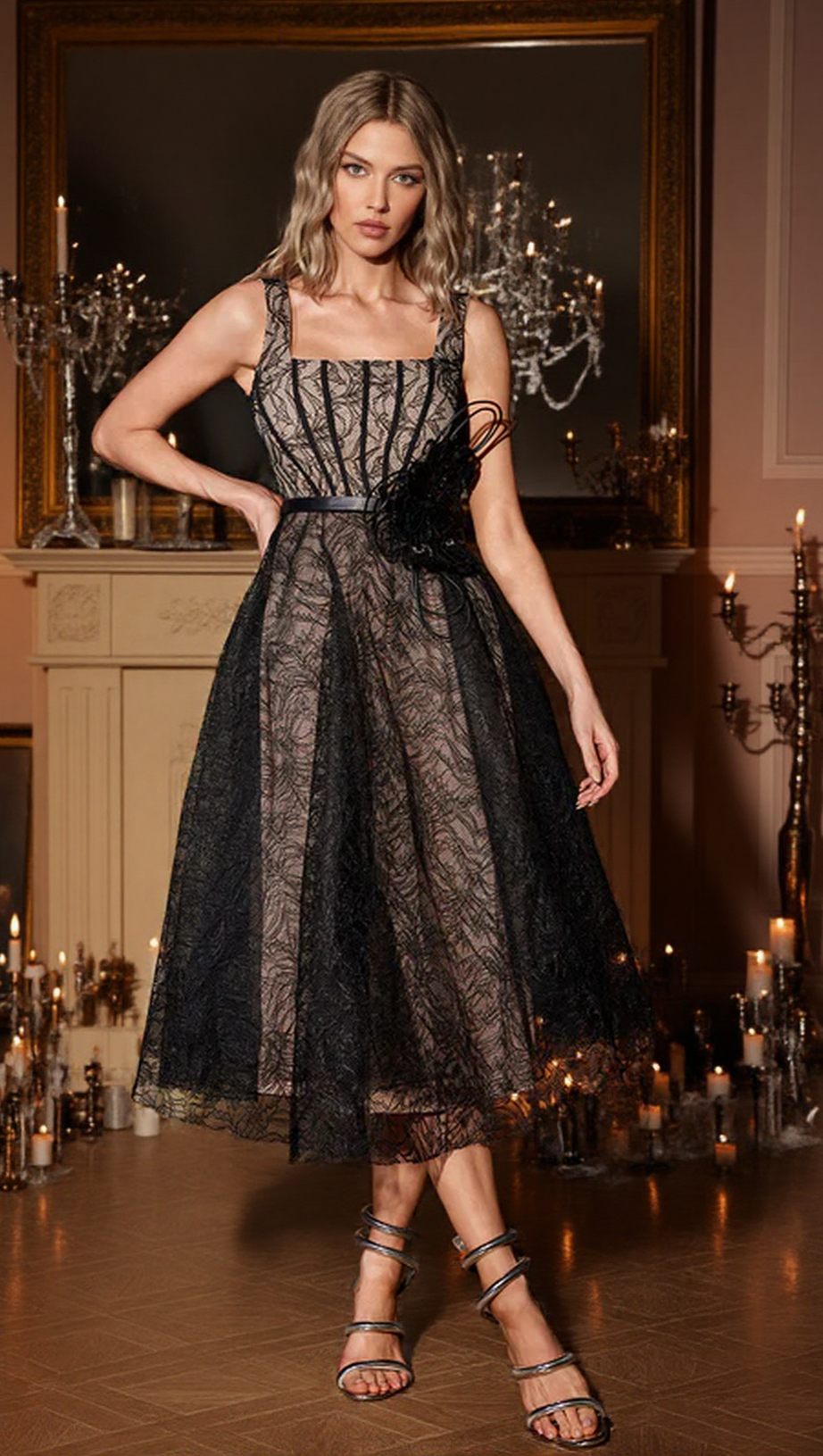 DORA 3D FLOWER SQUARE NECK LACE MIDI DRESS IN BLACK