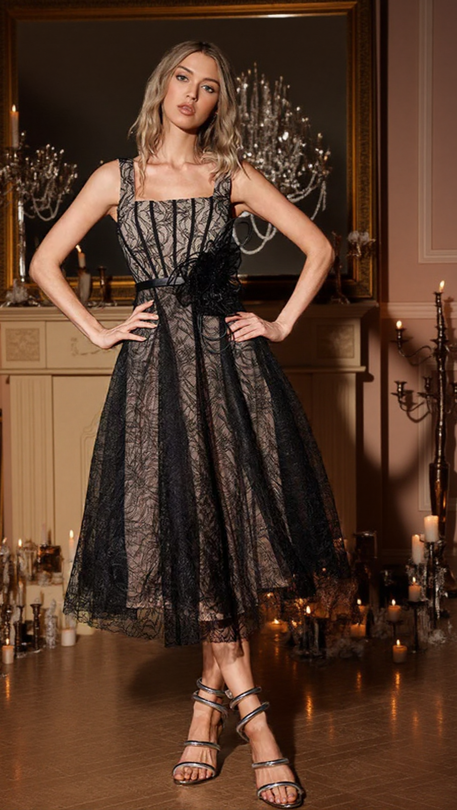 DORA 3D FLOWER SQUARE NECK LACE MIDI DRESS IN BLACK