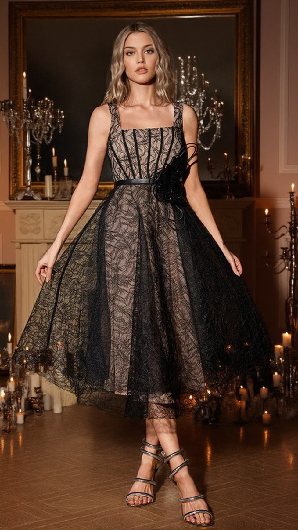 DORA 3D FLOWER SQUARE NECK LACE MIDI DRESS IN BLACK