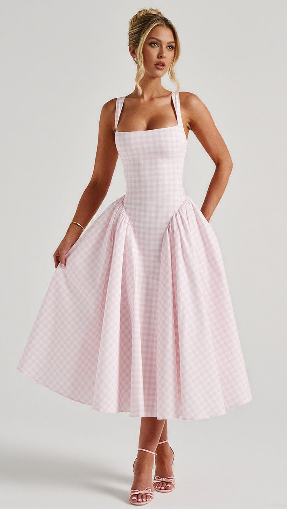 SHERRIE MIDI DRESS - BLUSH GINGHAM
