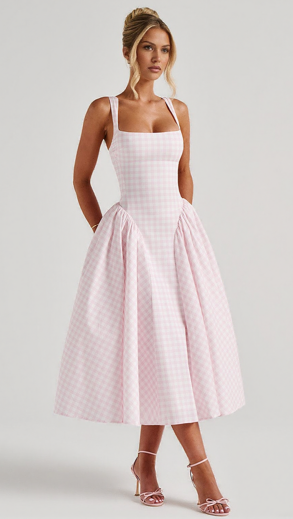 AIIZIE SHERRIE MIDI DRESS - BLUSH GINGHAM - product image