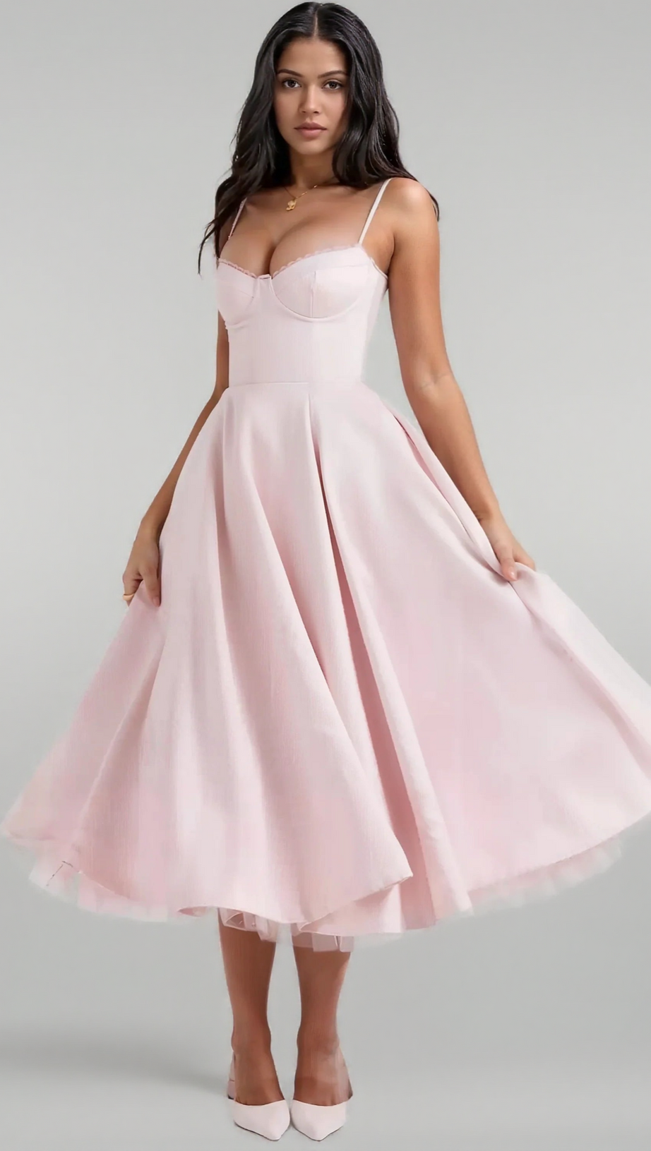 SATIN CORSET TULLE LAYERED A-LINE MIDI DRESS - BABY PINK AIIZIE SATIN CORSET TULLE LAYERED A-LINE MIDI DRESS - BABY PINK AIIZIE
