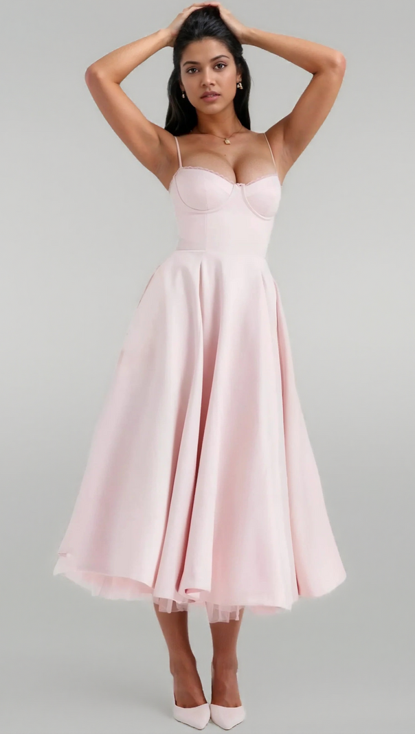 AIIZIE SATIN CORSET TULLE LAYERED A-LINE MIDI DRESS - BABY PINK - product image