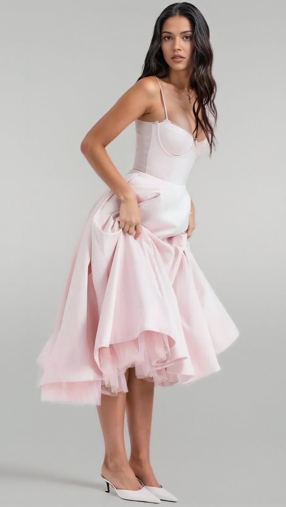 SATIN CORSET TULLE LAYERED A-LINE MIDI DRESS - BABY PINK