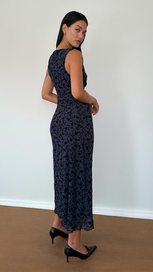 AIIZIE GABRIELA MIDI DRESS IN FLOCKED PETAL NAVY - product image