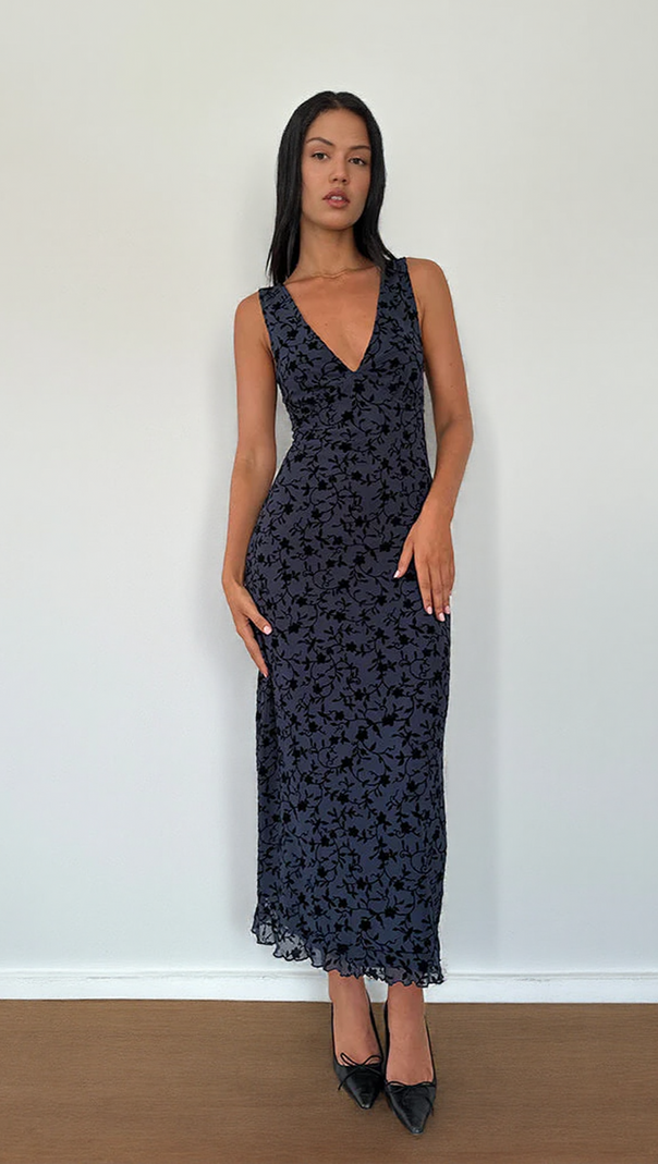 AIIZIE GABRIELA MIDI DRESS IN FLOCKED PETAL NAVY - product image