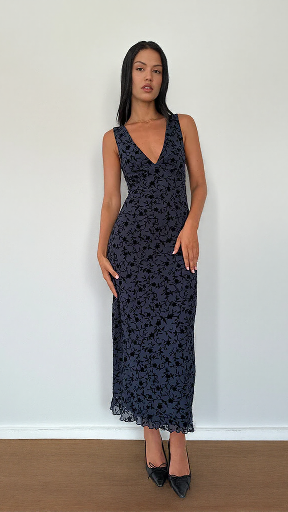 ABITO MIDI GABRIELA IN PETALI FLOCCATI BLU NAVY