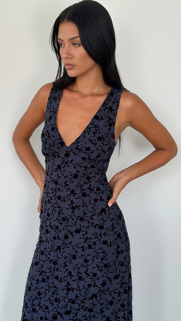 AIIZIE GABRIELA MIDI DRESS IN FLOCKED PETAL NAVY - product image