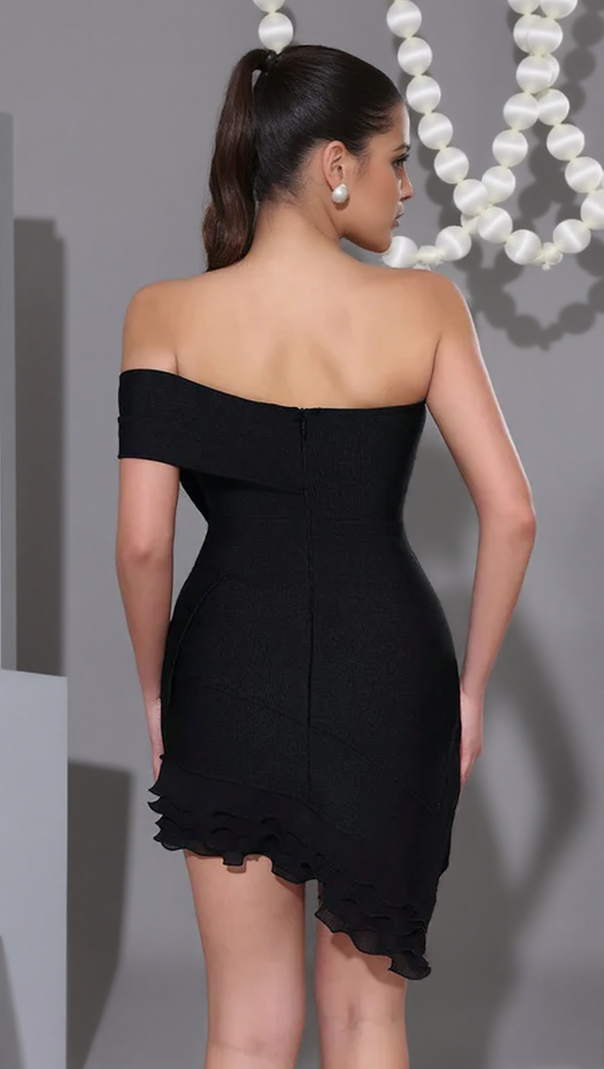 AIIZIE FLOWER DIAMOND RUFFLE TRIM TUBE TOP MINI DRESS IN BLACK - product image