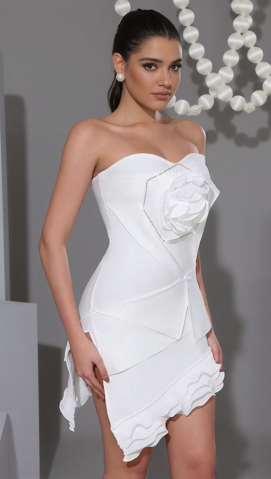 FLOWER DIAMOND RUFFLE TRIM TUBE TOP MINI DRESS IN WHITE