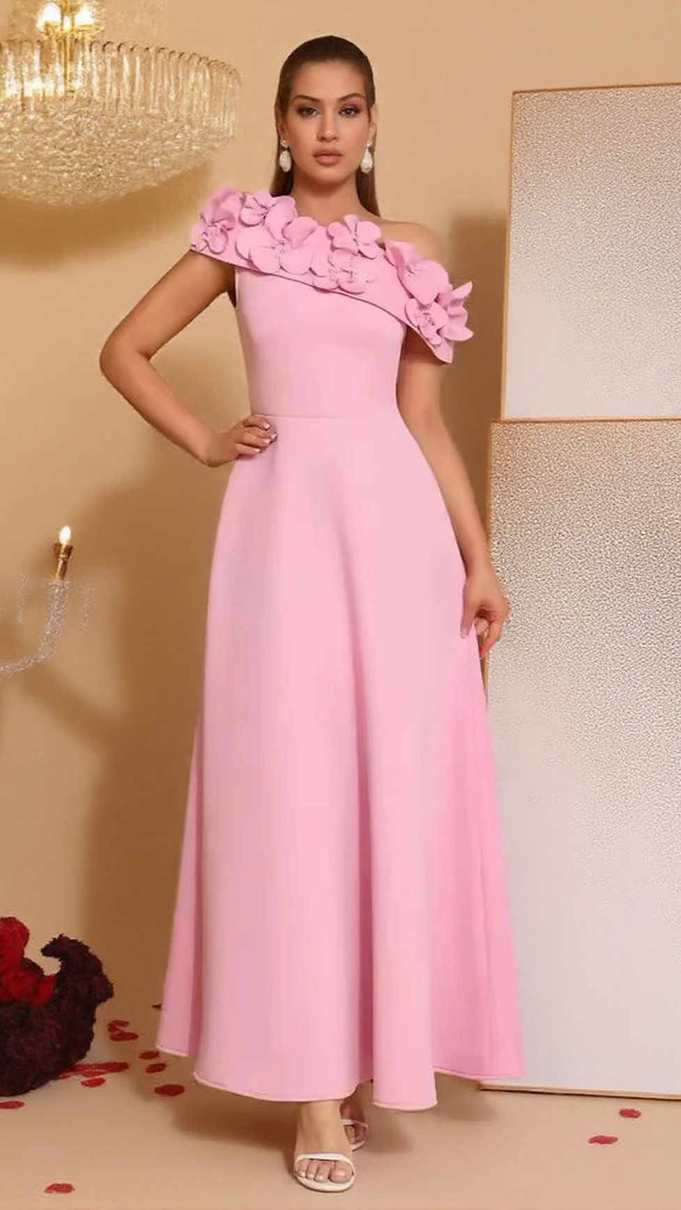 CYNTHIA FLOWER SLANTED COLLAR MAXI DRESS IN PINK