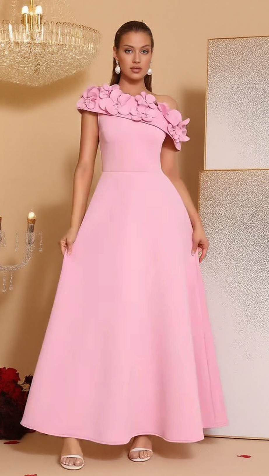 CYNTHIA FLOWER SLANTED COLLAR MAXI DRESS IN PINK