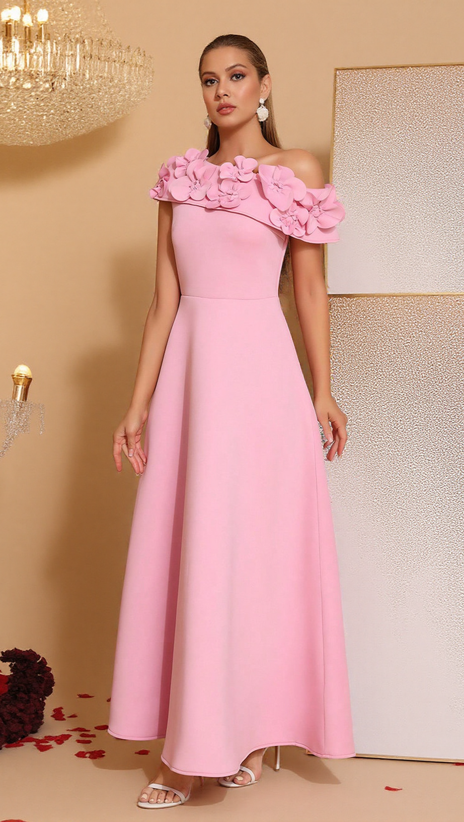 CYNTHIA FLOWER SLANTED COLLAR MAXI DRESS IN PINK