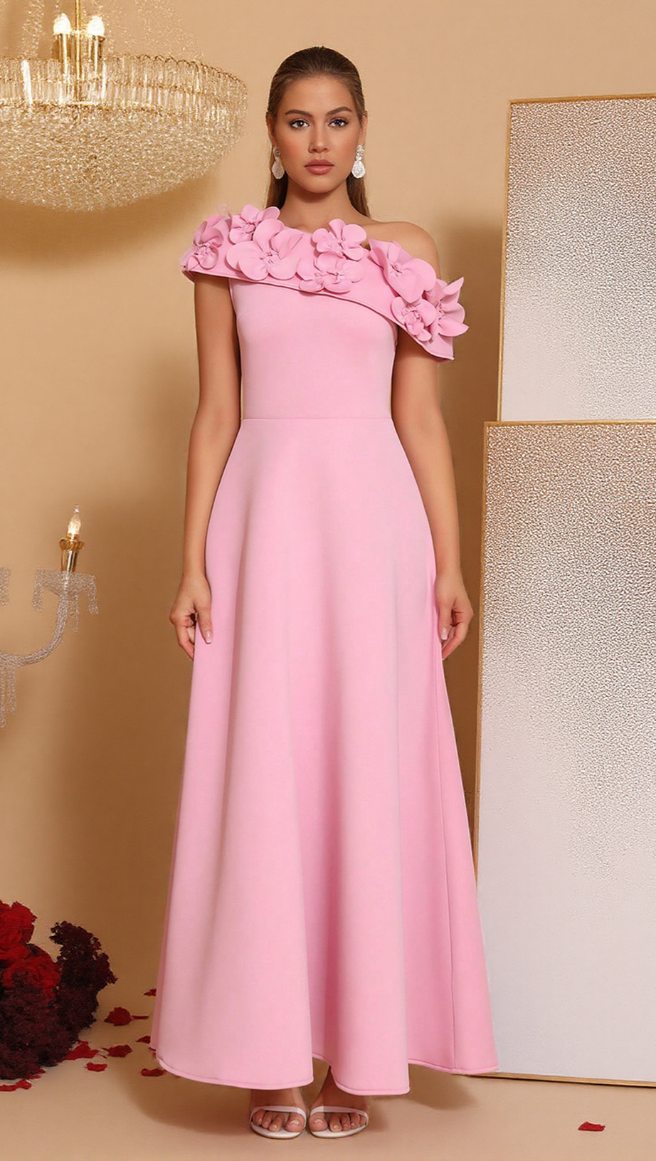 CYNTHIA FLOWER SLANTED COLLAR MAXI DRESS IN PINK