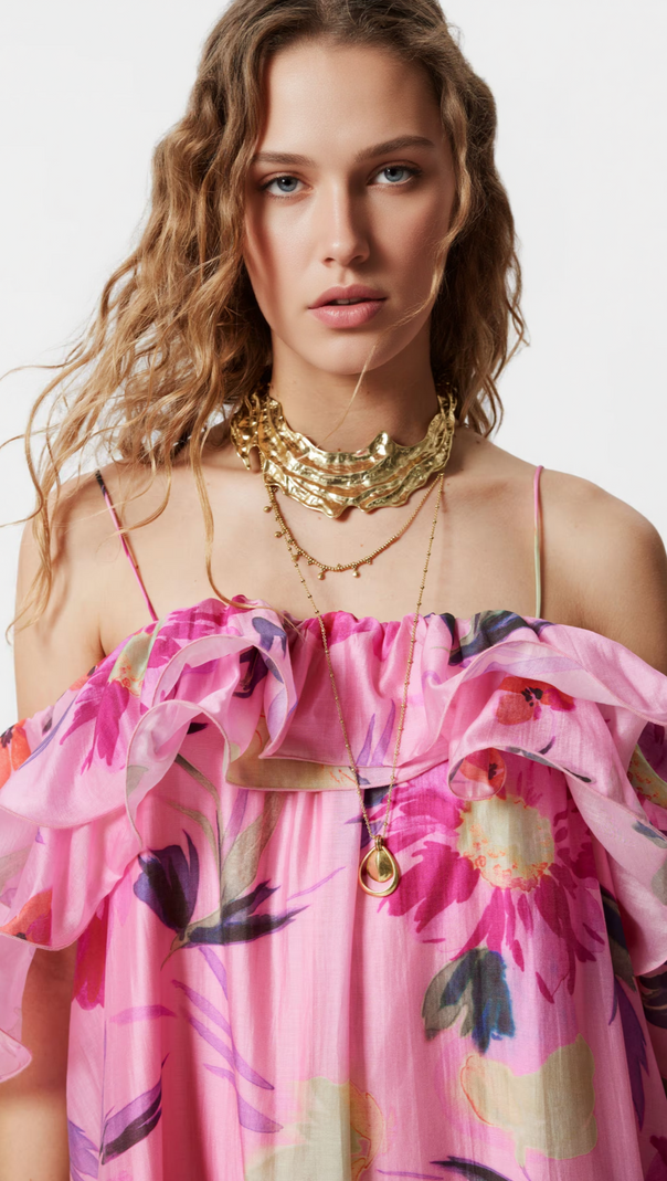 AIIZIE HEDWIG OFF-SHOULDER FLORAL PRINTED RUFFLE MAXI DRESS IN ROSE RED - product image