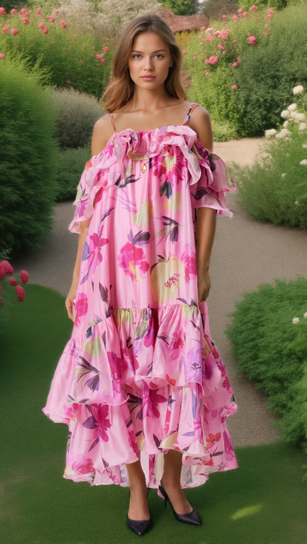 AIIZIE HEDWIG OFF-SHOULDER FLORAL PRINTED RUFFLE MAXI DRESS IN ROSE RED - product image