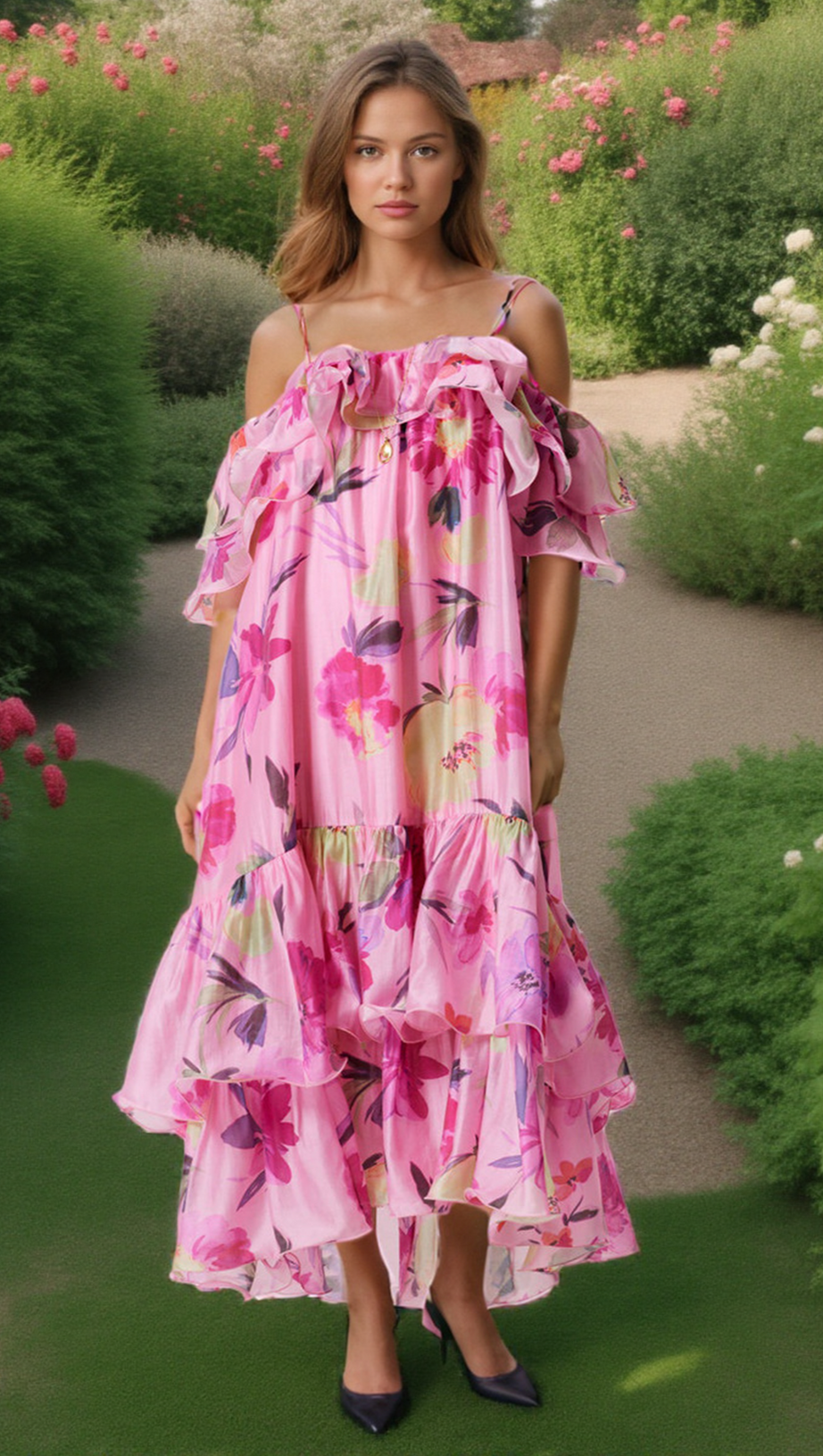 HEDWIG OFF-SHOULDER FLORAL PRINTED RUFFLE MAXI DRESS IN ROSE RED