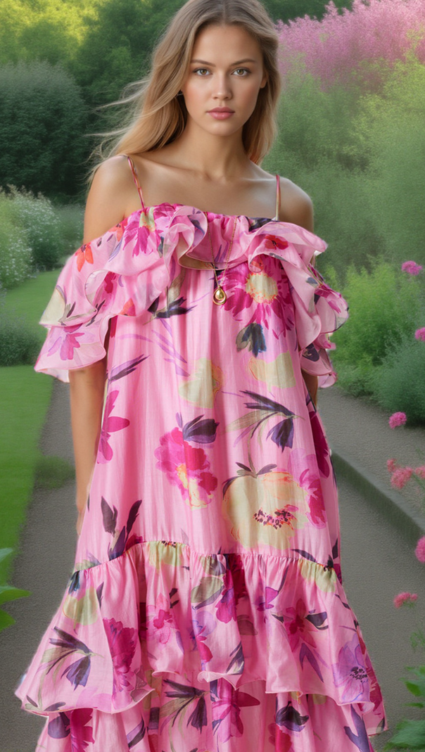 AIIZIE HEDWIG OFF-SHOULDER FLORAL PRINTED RUFFLE MAXI DRESS IN ROSE RED - product image