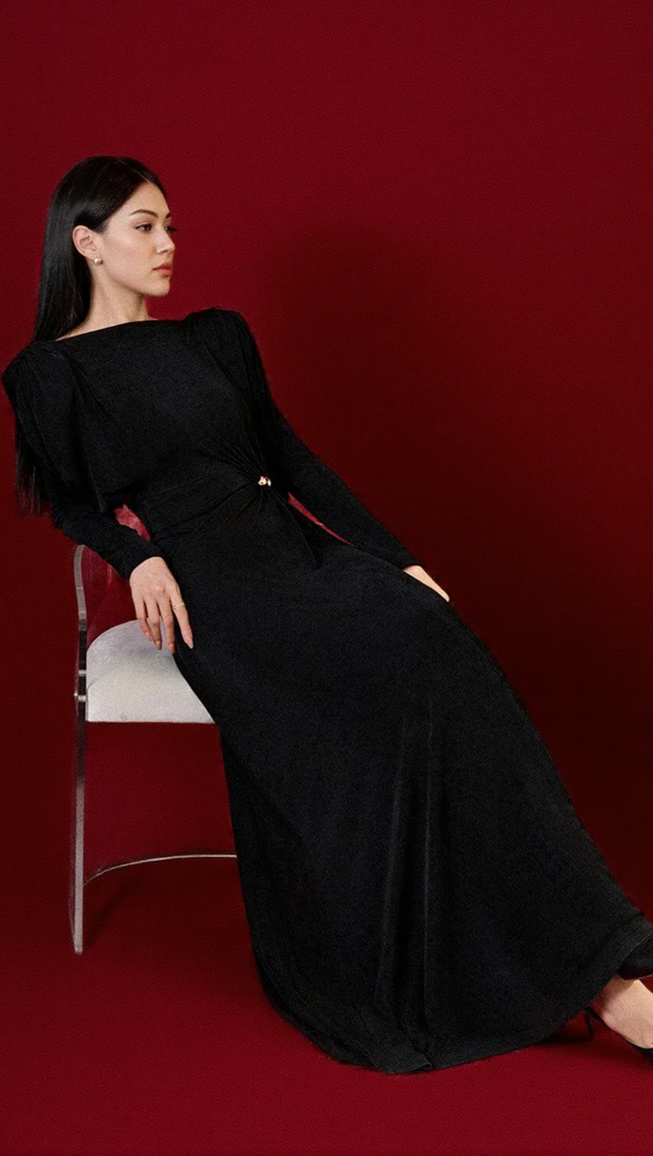 BERYL PLEATED KNITTED FABRIC MAXI DRESS IN BLACK