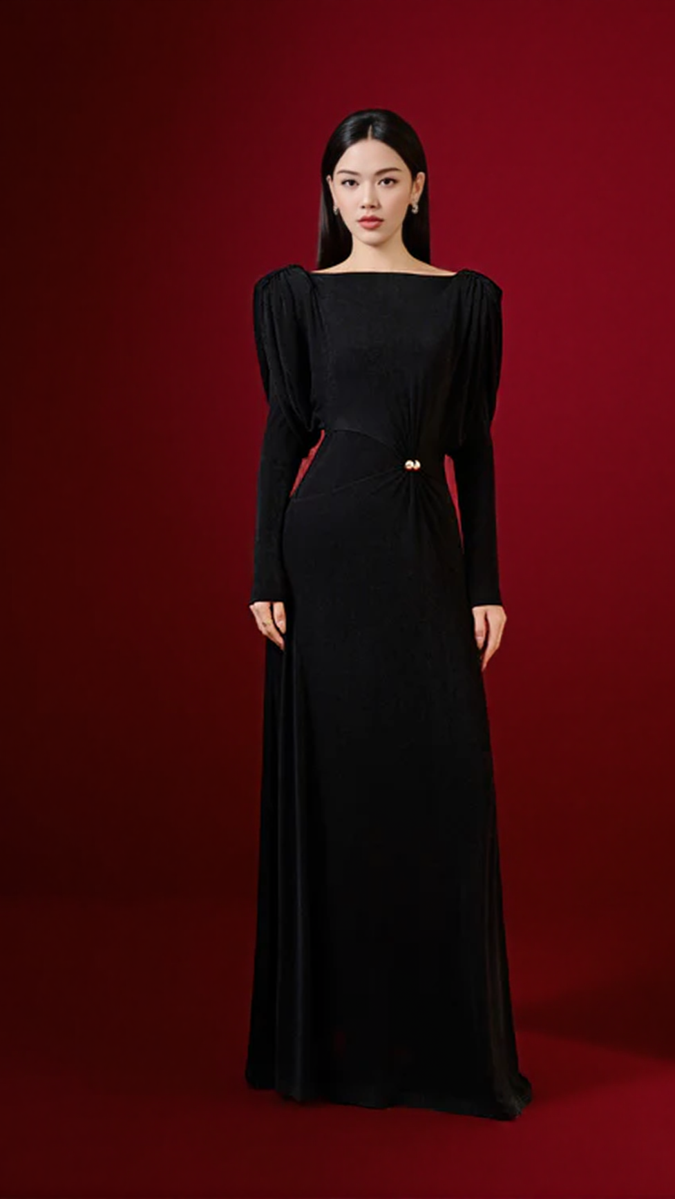 BERYL PLEATED KNITTED FABRIC MAXI DRESS IN BLACK