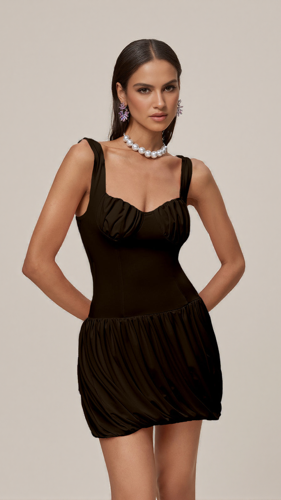 MINI ABITO A BOLLA CON RUCHES COLOR CAFFÈ