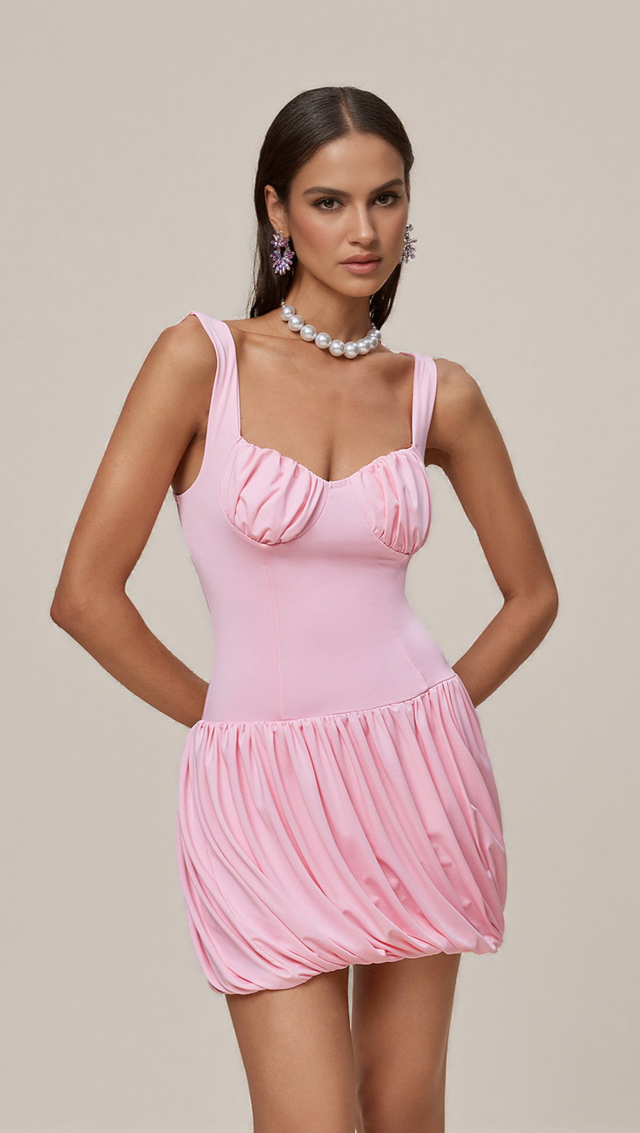 RUCHED BUBBLE MINI DRESS IN PINK