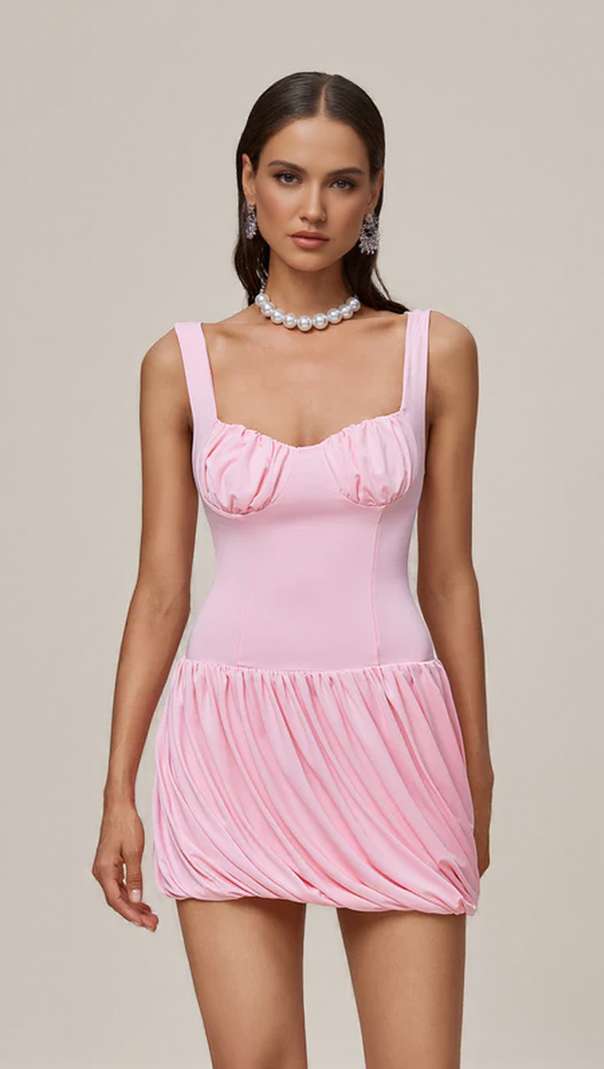 AIIZIE RUCHED BUBBLE MINI DRESS IN PINK - product image