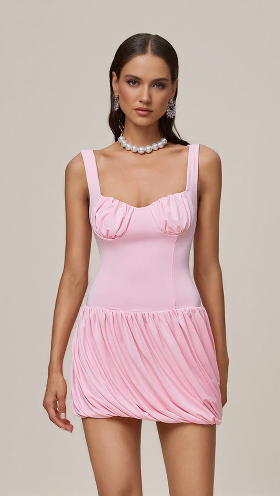 RUCHED BUBBLE MINI DRESS IN PINK
