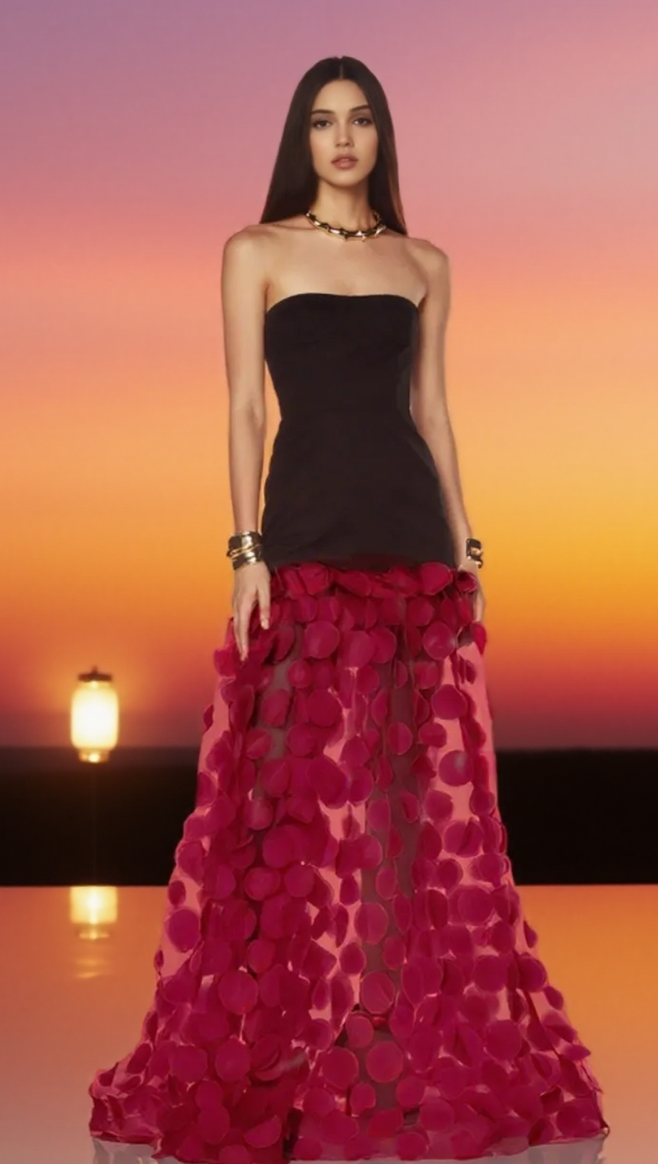 NODIN STRAPLESS DOT MESH MAXI DRESS IN RED