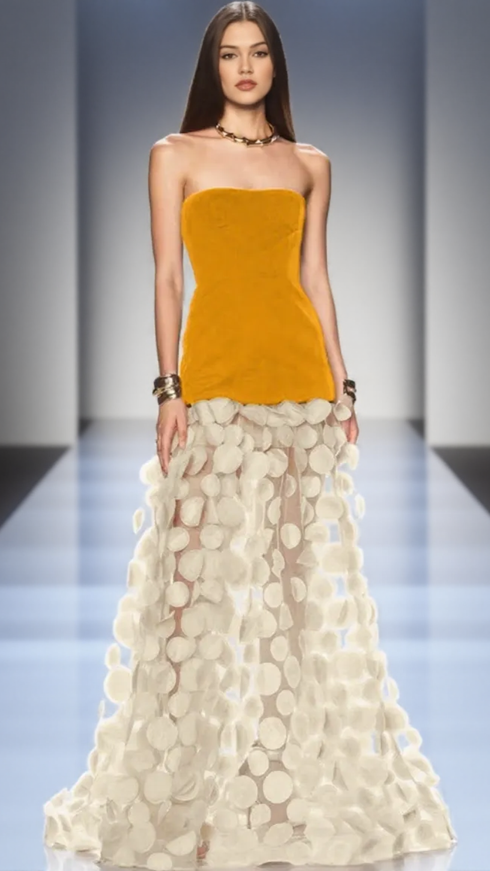 NODIN STRAPLESS DOT MESH MAXI DRESS IN ORANGE