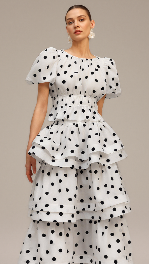 AIIZIE DAMLA WHITE PUFF SLEEVES DOT PRINTED TOP AND SKIRT TWO-PIECE SET - product image