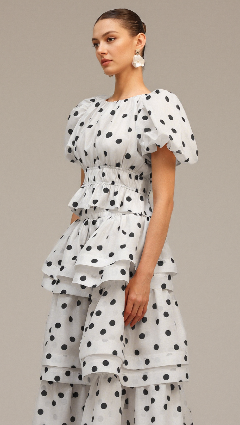 DAMLA WHITE PUFF SLEEVES DOT PRINTED TOP AND SKIRT TWO-PIECE SET