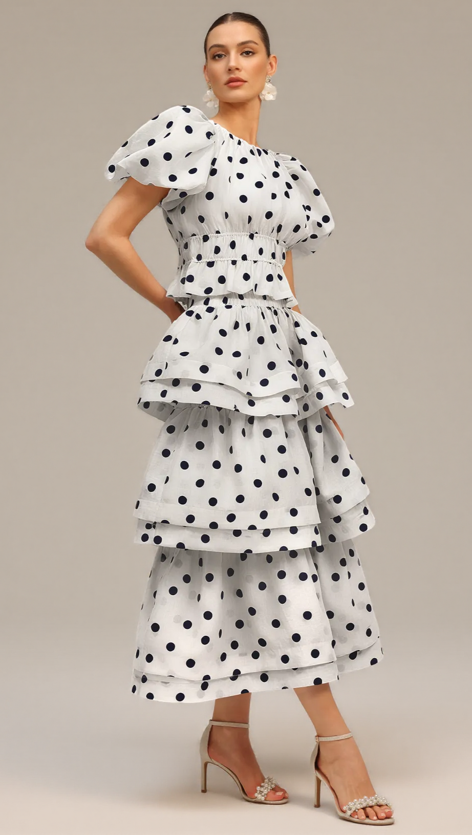 DAMLA WHITE PUFF SLEEVES DOT PRINTED TOP AND SKIRT TWO-PIECE SET