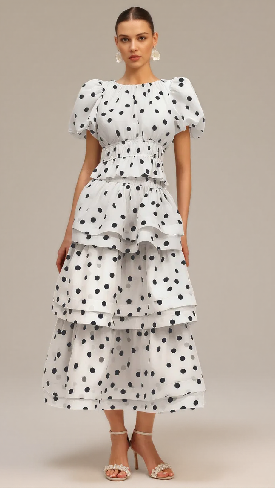 DAMLA WHITE PUFF SLEEVES DOT PRINTED TOP AND SKIRT TWO-PIECE SET