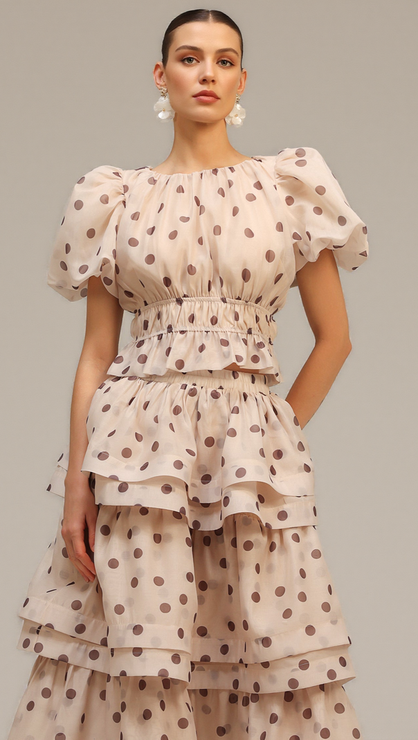 AIIZIE DAMLA BEIGE PUFF SLEEVES DOT PRINTED TOP AND SKIRT TWO-PIECE SET - product image