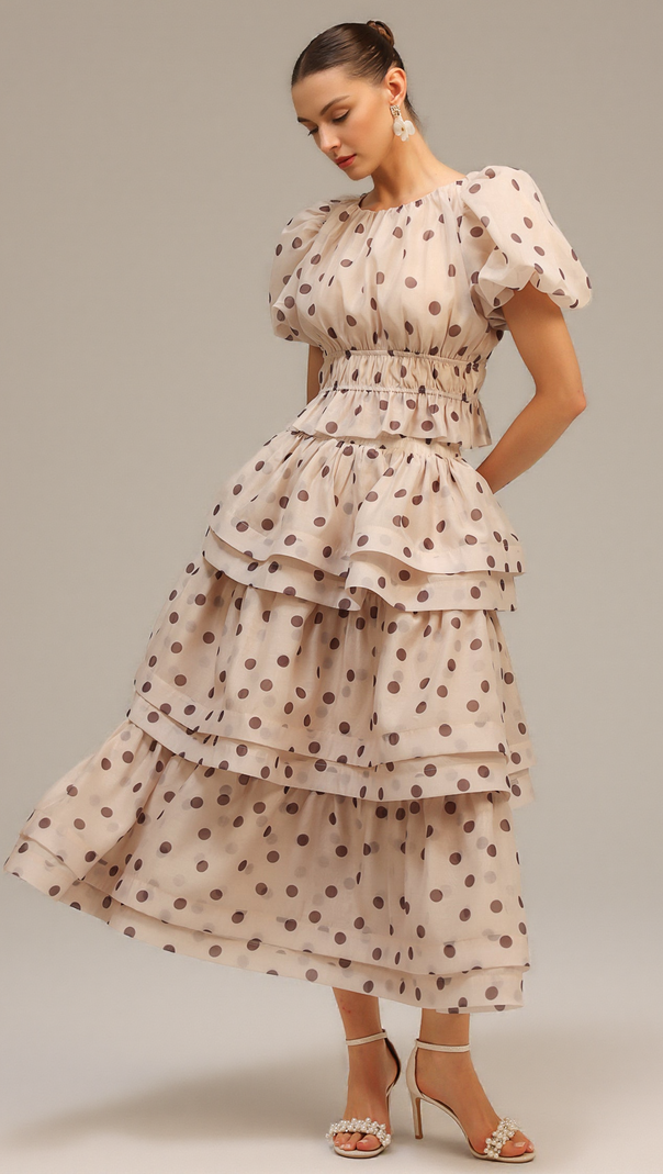 AIIZIE DAMLA BEIGE PUFF SLEEVES DOT PRINTED TOP AND SKIRT TWO-PIECE SET - product image