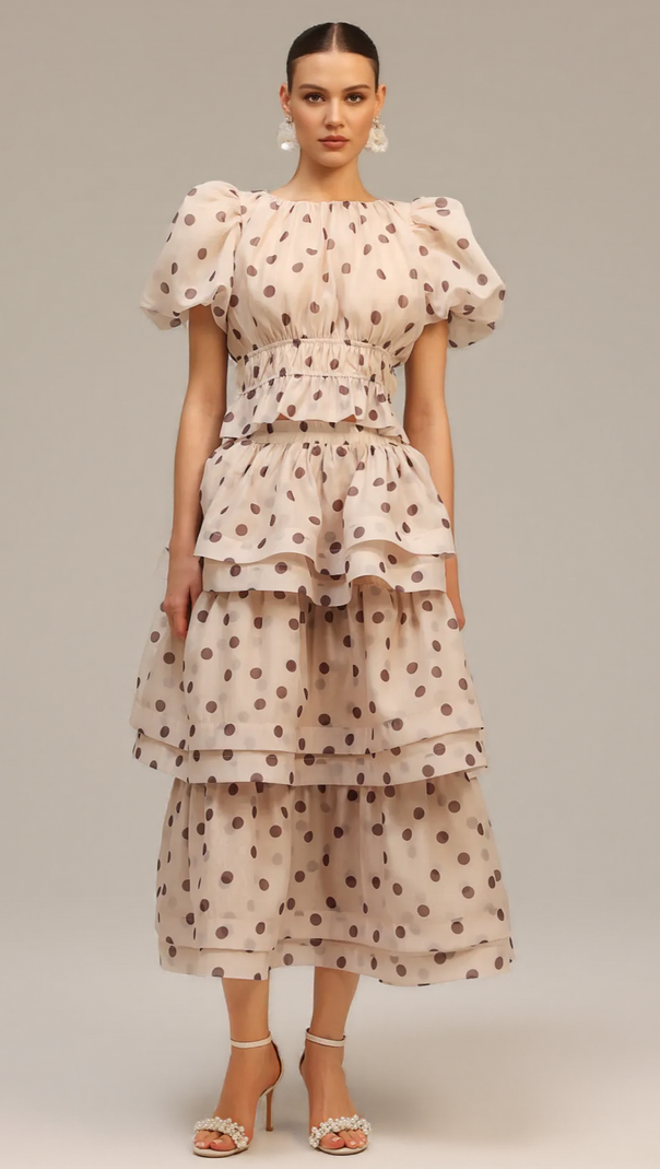 AIIZIE DAMLA BEIGE PUFF SLEEVES DOT PRINTED TOP AND SKIRT TWO-PIECE SET - product image