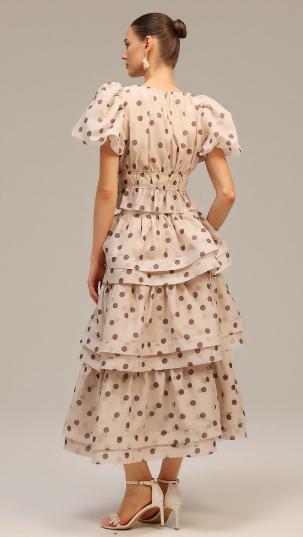 AIIZIE DAMLA BEIGE PUFF SLEEVES DOT PRINTED TOP AND SKIRT TWO-PIECE SET - product image