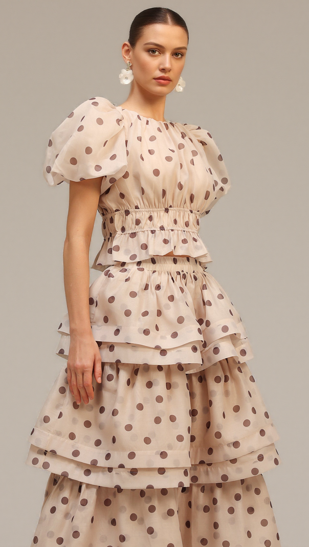AIIZIE DAMLA BEIGE PUFF SLEEVES DOT PRINTED TOP AND SKIRT TWO-PIECE SET - product image