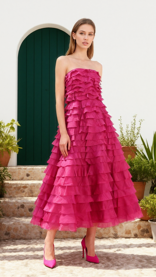AIIZIE CATHY PLEATED LAYER STRAPLESS MAXI DRESS IN ROSE RED - product image