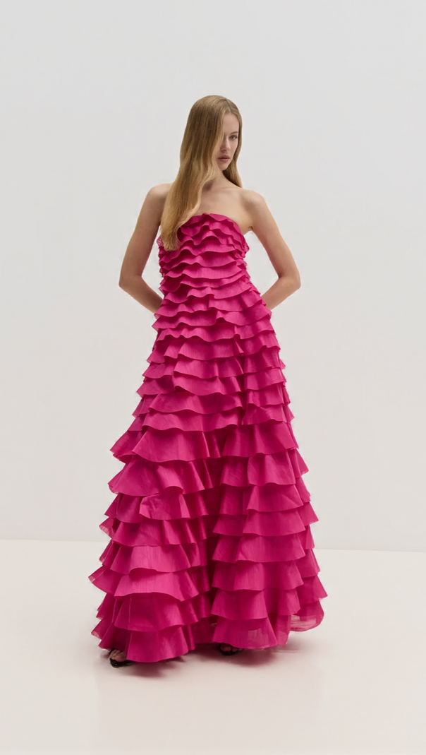 AIIZIE CATHY PLEATED LAYER STRAPLESS MAXI DRESS IN ROSE RED - product image