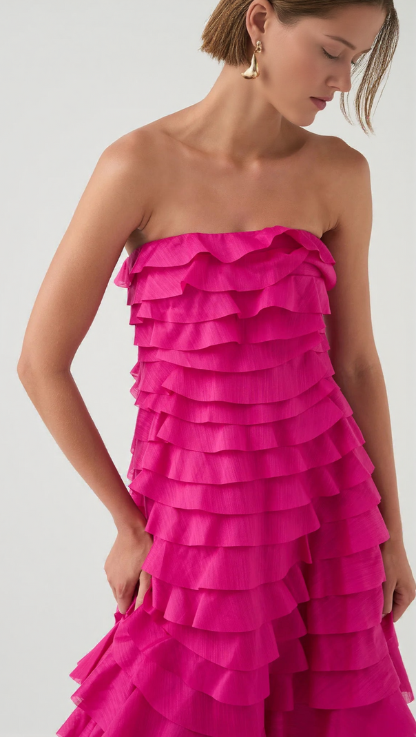 AIIZIE CATHY PLEATED LAYER STRAPLESS MAXI DRESS IN ROSE RED - product image