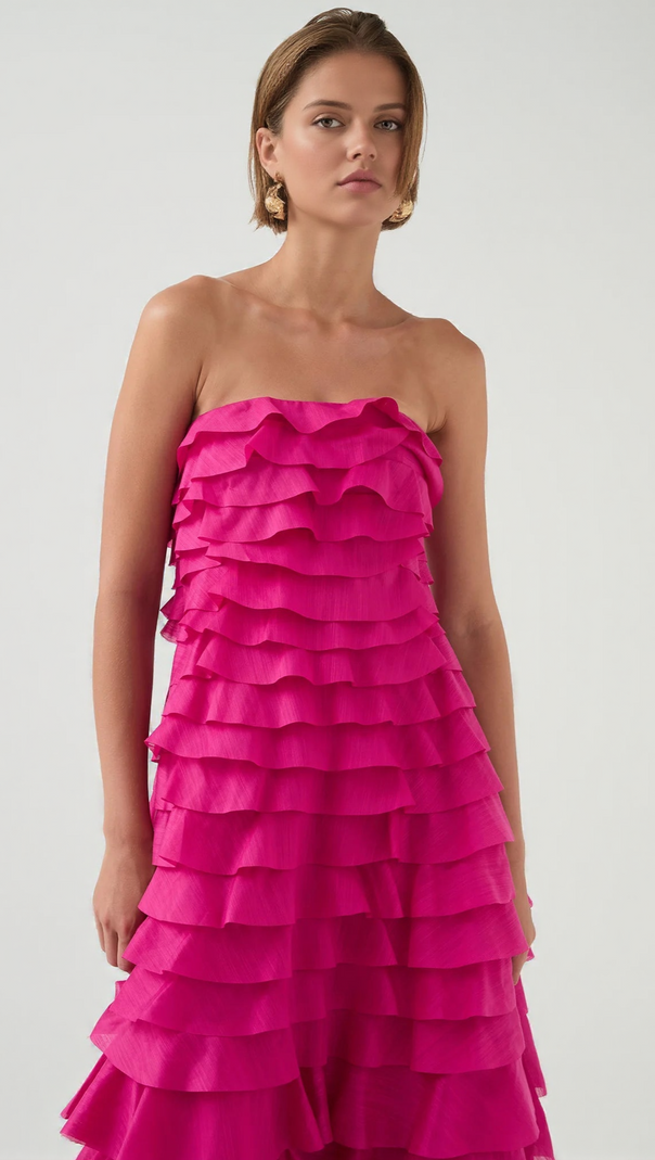 AIIZIE CATHY PLEATED LAYER STRAPLESS MAXI DRESS IN ROSE RED - product image