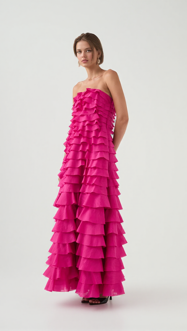 AIIZIE CATHY PLEATED LAYER STRAPLESS MAXI DRESS IN ROSE RED - product image