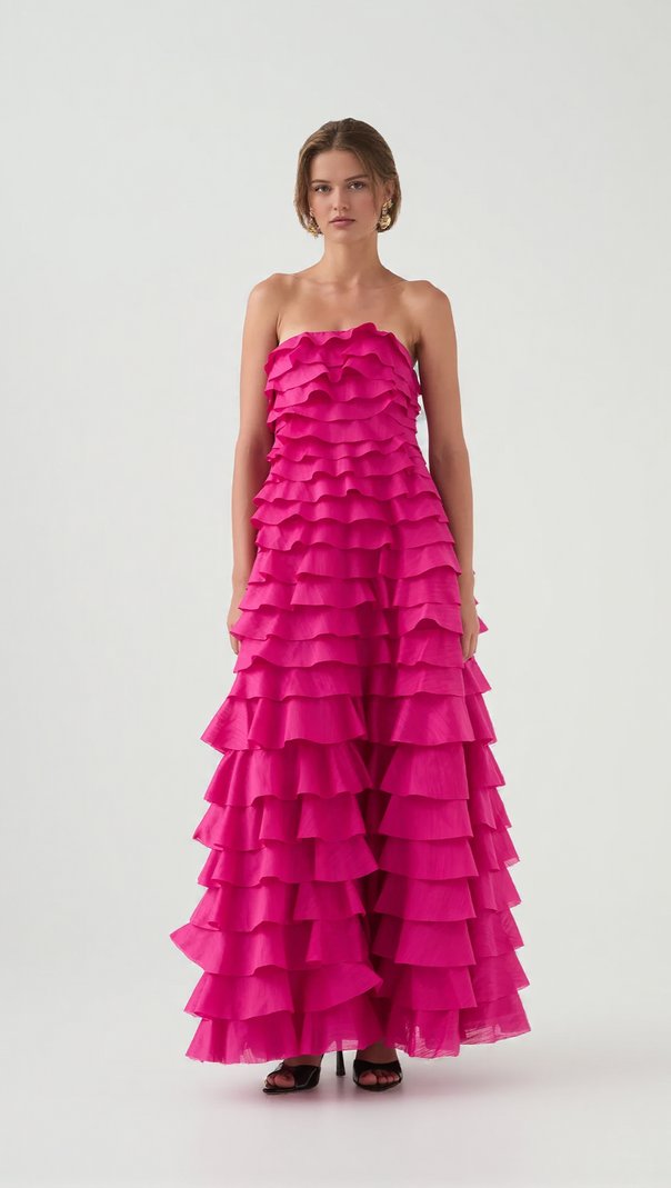 AIIZIE CATHY PLEATED LAYER STRAPLESS MAXI DRESS IN ROSE RED - product image