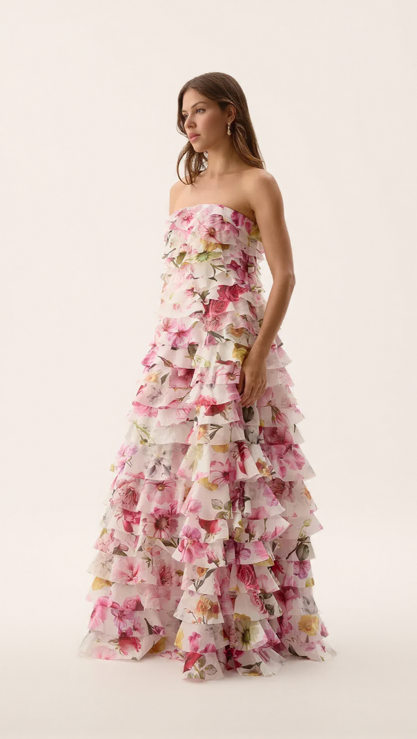 AIIZIE CATHY FLORAL PRINT PLEATED LAYER STRAPLESS MAXI DRESS IN PINK - product image