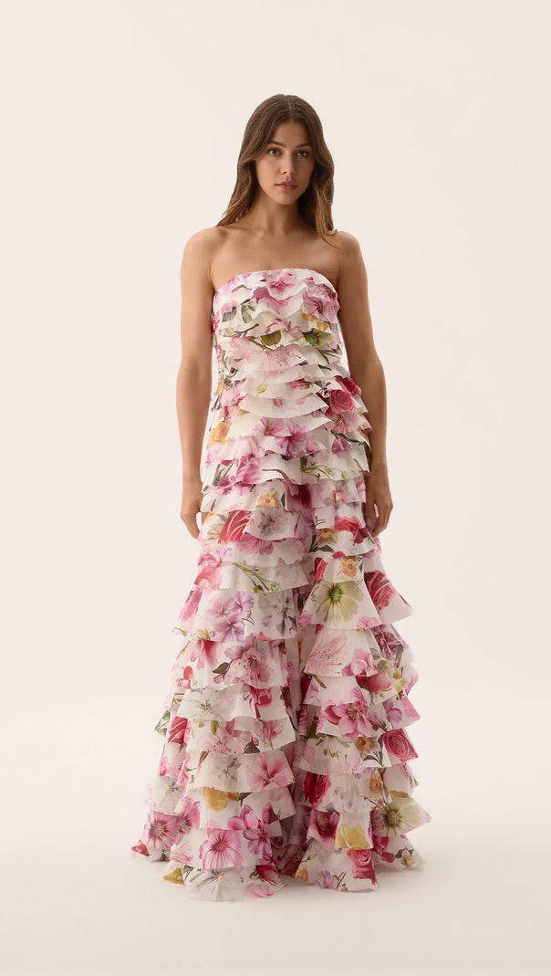 AIIZIE CATHY FLORAL PRINT PLEATED LAYER STRAPLESS MAXI DRESS IN PINK - product image